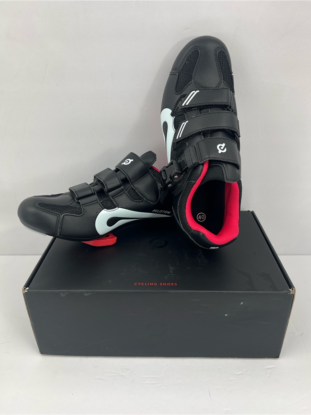 PELOTON CYCLING SHOES FOR BIKE & BIKE +, BLACK, RED & WHITE COLORS, SIZE 40
